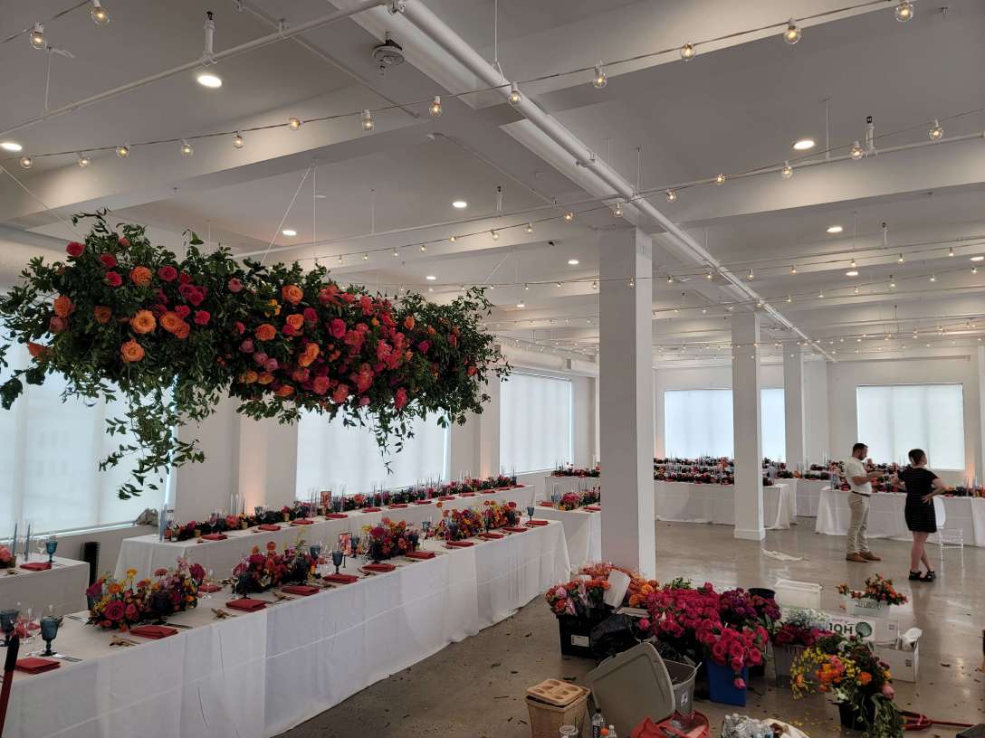 String Lights, Up-lights, and spotlights for a large floating floral arrangement at a wedding reception at The Bordone.