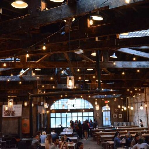 Warm White String Lights with Mason Jars Pendant Lamps hanging above the dance floor for a wedding at The Houston Hall