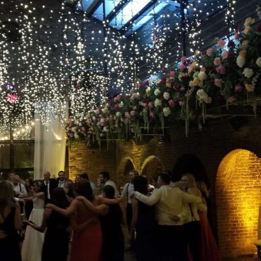 Icicle Fairy Lights for the dance floor at a wedding at The Foundry in Queens, NY,