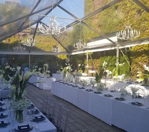 40" Crystal Chandeliers hanging under the courtyard tent at The Foundry.