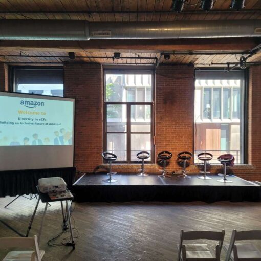 Universal Light and Sound provides a 16ft x 6ft stage and a projector with a screen for an eCF hosted by Amazon at The Dumbo Loft in Brooklyn, NY.