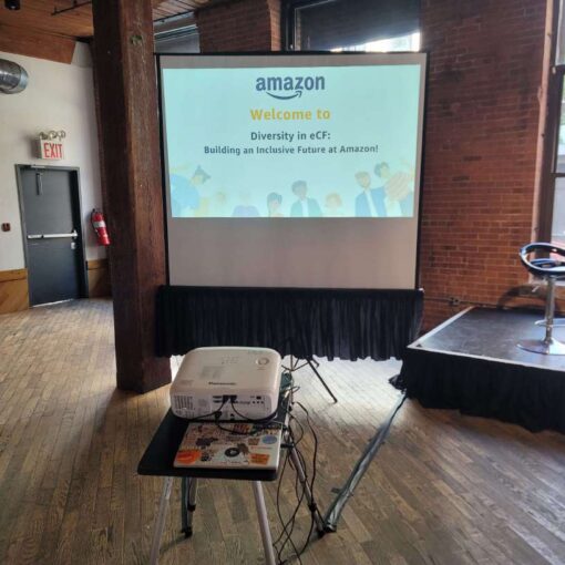 Universal Light and Sound provides a projector and screen for an eCF hosted by Amazon at The Dumbo Loft in Brooklyn, NY.