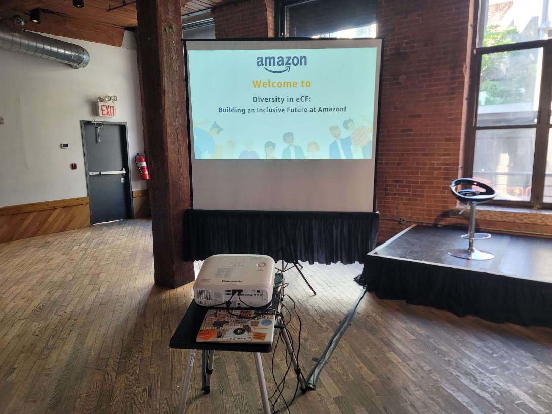 Universal Light and Sound provides a projector and screen for an eCF hosted by Amazon at The Dumbo Loft in Brooklyn, NY.