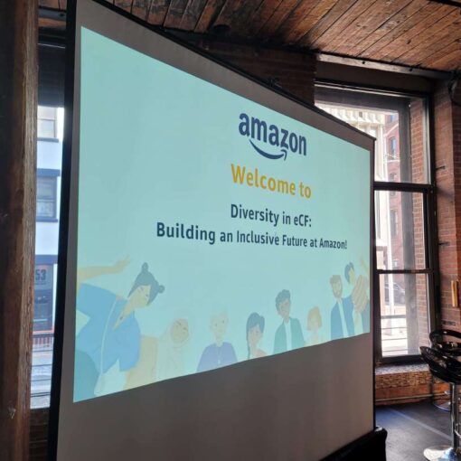 Universal Light and Sound provides a projector screen for an eCF hosted by Amazon at The Dumbo Loft in Brooklyn, NY.