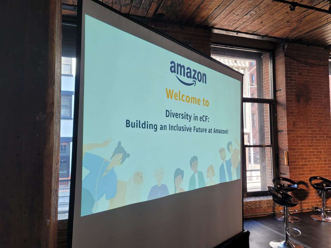 Universal Light and Sound provides a projector screen for an eCF hosted by Amazon at The Dumbo Loft in Brooklyn, NY.