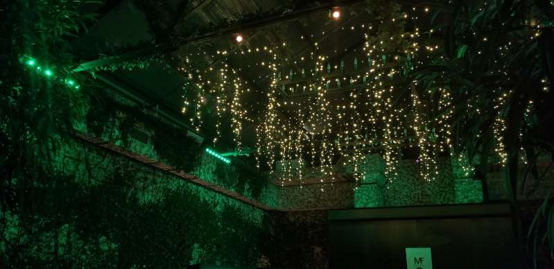 The Green House at The Foundry: Icicle / Fairy Lights suspended over the center area along with a green color wash projected on the upper walls and ceiling