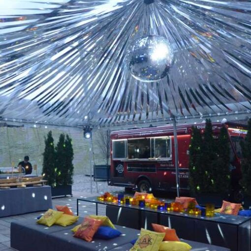 Mirror Ball hanging under a tent for a bar-mitzvah at The Foundry.