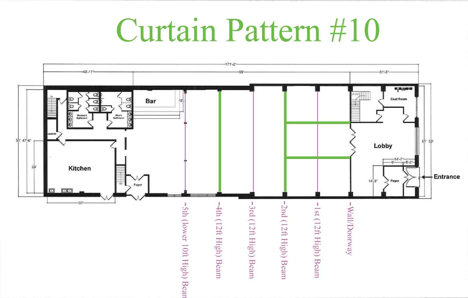 Curtains are hanging across the width of the Main Room at 26 Bridge under the 2nd Beam and 4th Beam. Also, hanging the length of the room between 2nd Bean and Entrance wall on the Bar-Side of The Main Room and NON-Bar-Side of The Main Room.