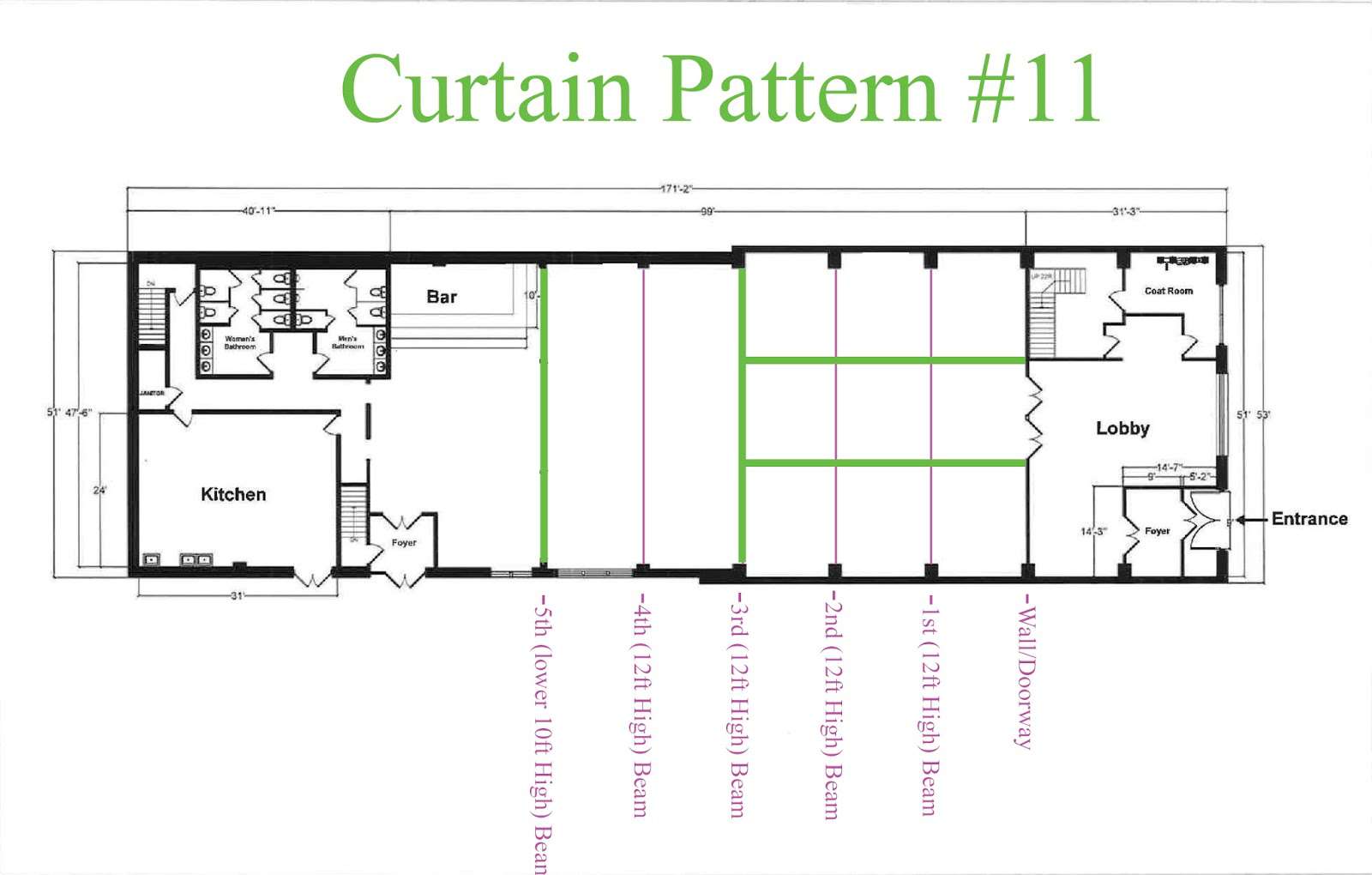 Curtains hanging across the width of the Main Room at 26 Bridge under the 3rd Beam and 5th Beam. Also hanging the length of the room between 3rd Bean and Entrance wall on the Bar-Side of The Main Room and NON-Bar-Side of The Main Room.