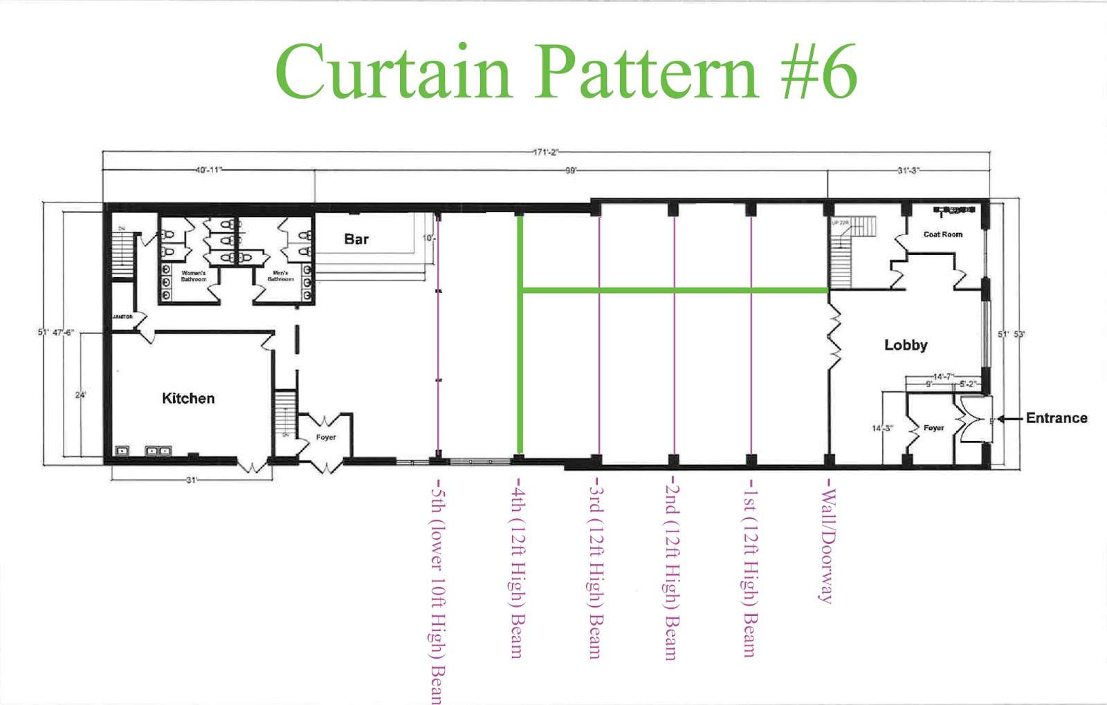 Curtains are hanging across the width of the Main Room at 26 Bridge under the 4th Beam and hanging the length of the room between 4th Bean and Entrance wall on the Bar-Side of The Main Room.