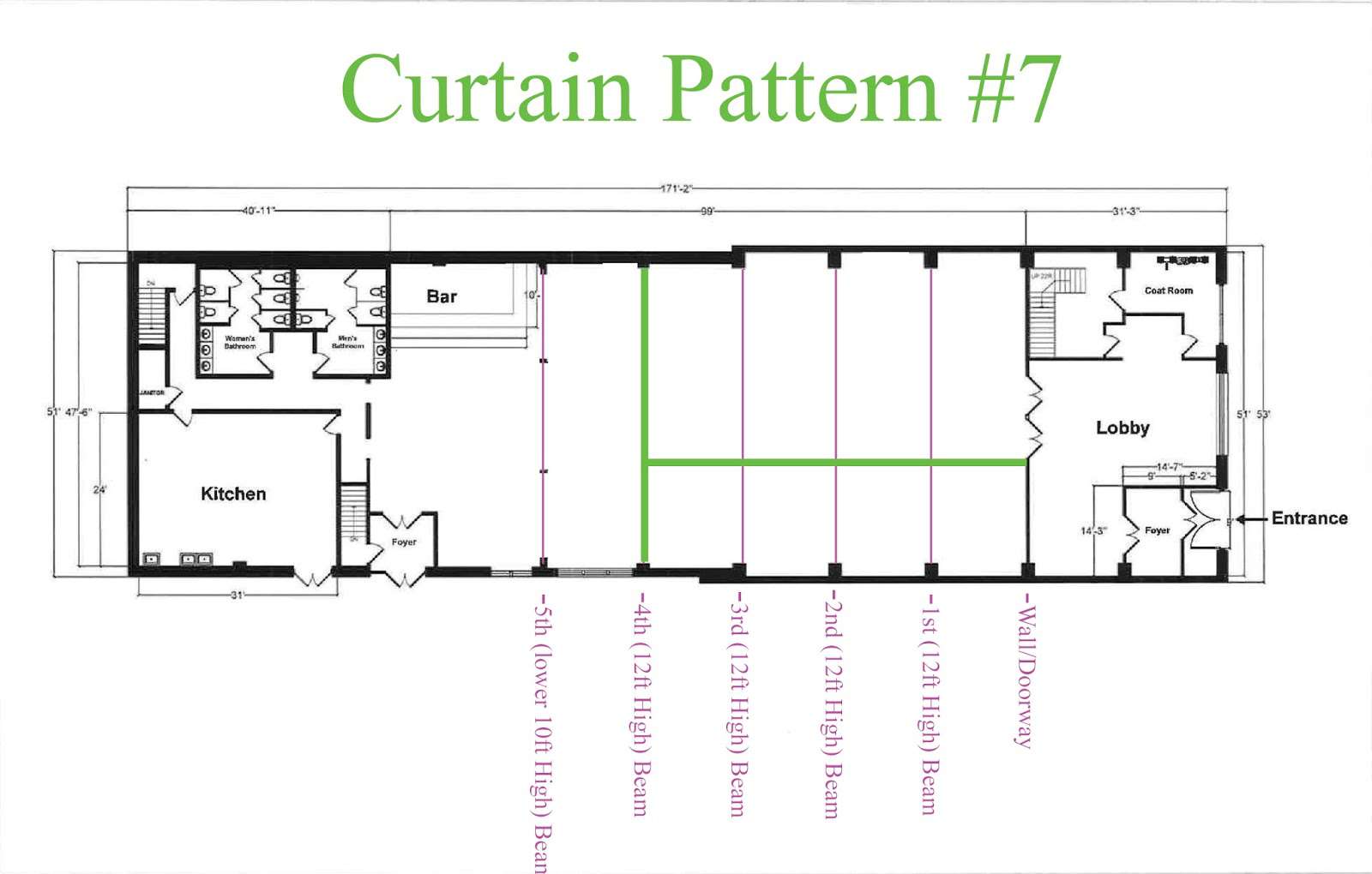 Curtains are hanging across the width of the Main Room at 26 Bridge under the 4th Beam and hanging the length of the room between 4th Bean and Entrance wall on the NON-Bar-Side of The Main Room.