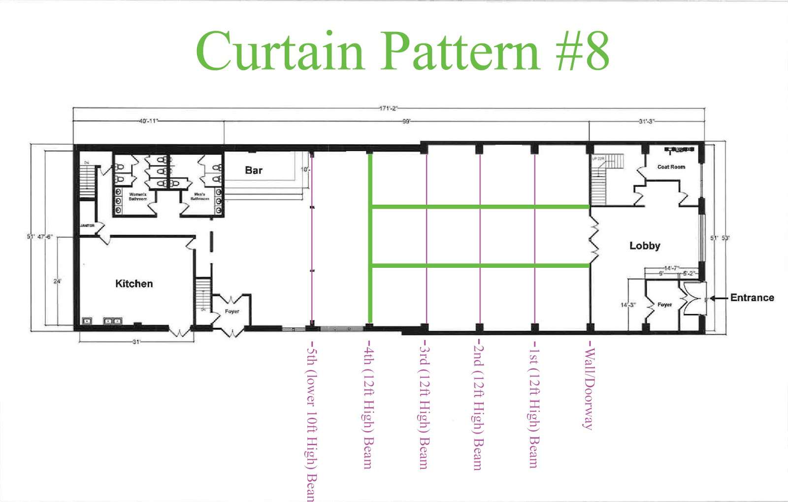 Curtains are hanging across the width of the Main Room at 26 Bridge under the 4th Beam and hanging the length of the room between 4th Bean and Entrance wall on the Bar-Side of The Main Room and NON-Bar-Side of The Main Room.