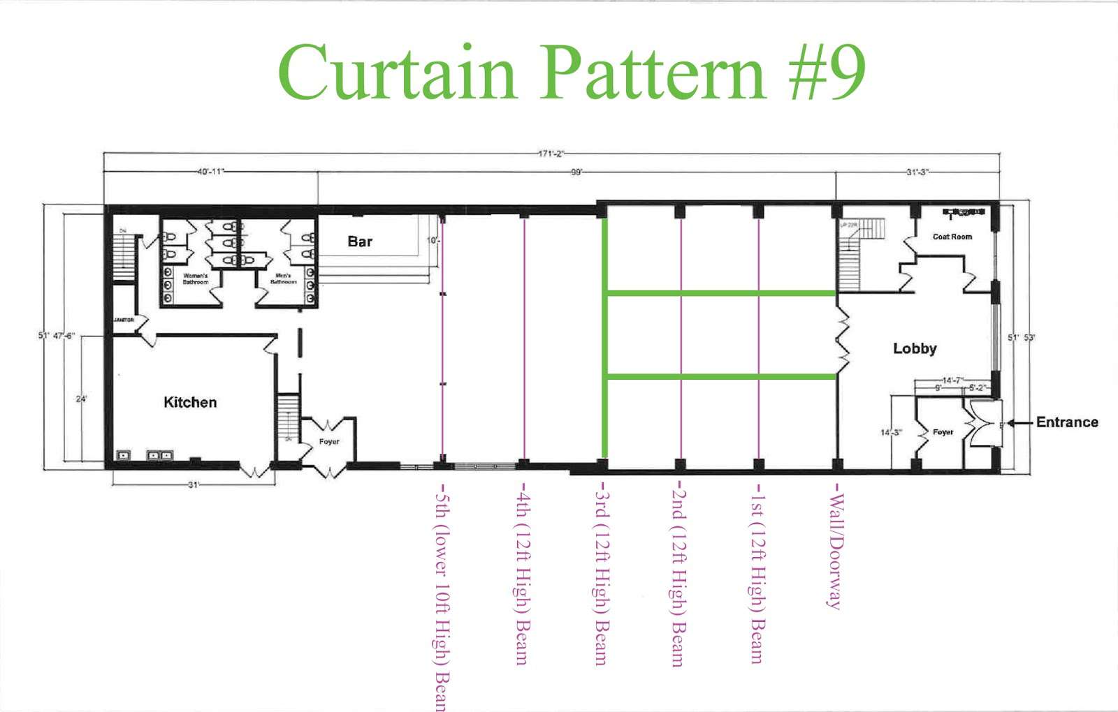 Curtains hanging across the width of the Main Room at 26 Bridge under the 3rd Beam and hanging the length of the room between 3rd Bean and Entrance wall on the Bar-Side of The Main Room and NON-Bar-Side of The Main Room.