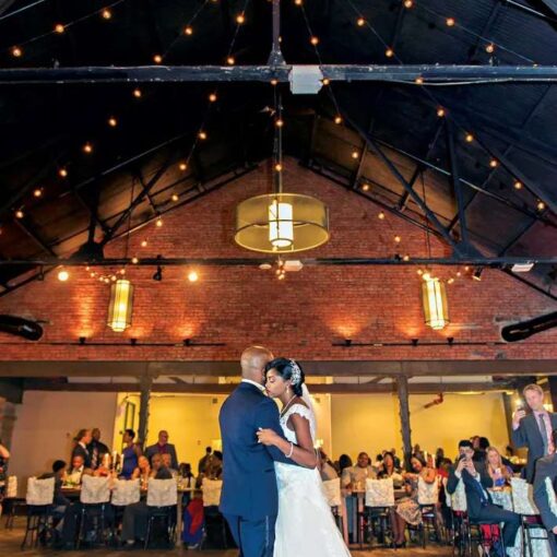 Sandra Marcelin and Mcduff Goldman wedding on Saturday, October 17, 2015 at 26 Bridge. String Lights in a circular pattern over the dance floor at 26 Bridge.