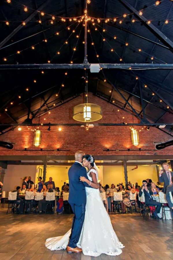 Sandra Marcelin and Mcduff Goldman wedding on Saturday, October 17, 2015 at 26 Bridge. String Lights in a circular pattern over the dance floor at 26 Bridge.