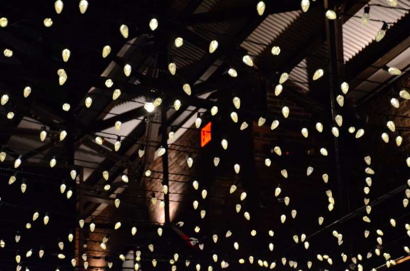 A canopy of mini LED string lights (twinkle) is hanging in the main room for a wedding at The Foundry.