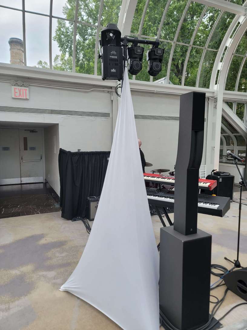 Moving color changing lights for the dance floor at a wedding in The Palm House in The Brooklyn Botanical Garden.