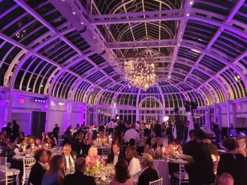 Lavender Up-Lights at the base of each column for a wedding in The Palm House in The Brooklyn Botanical Garden.