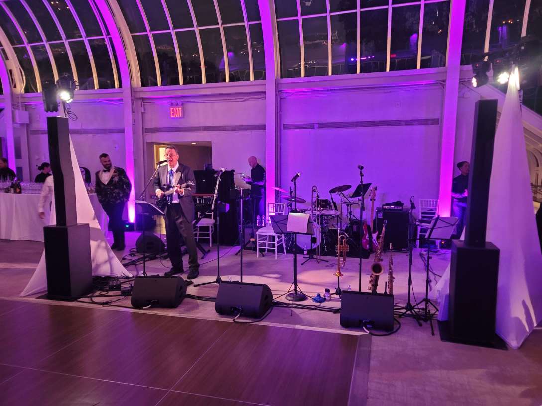 Moving color changing lights for the dance floor and lavender Up-Lights at the base of each column for a wedding in The Palm House in The Brooklyn Botanical Garden.