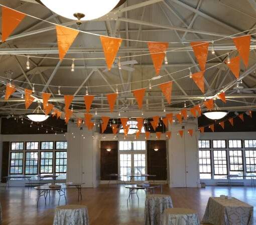 250ft of string lights with 250ft of Pennant Flags (Bunting Flags) hanging at The Prospect Park Picnic House.