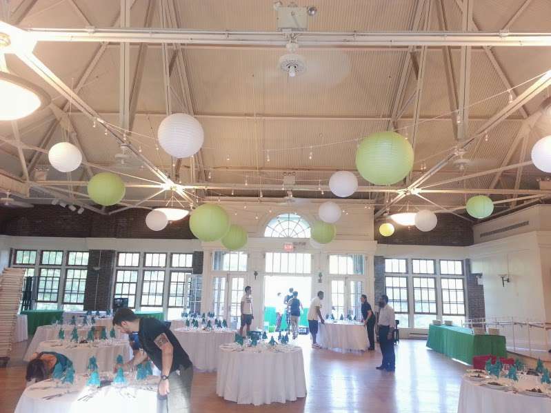 Lime and White Paper Lanterns and String Lights hanging inside The Prospect Park Picnic House