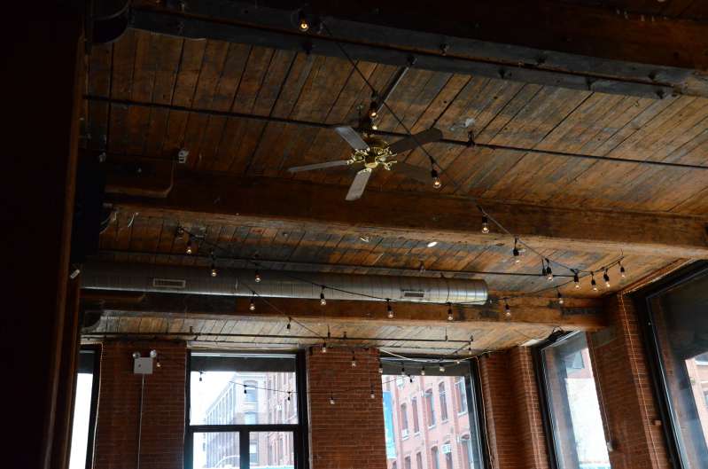 Cafe Lights/ Bistro Lights (String Lights) hanging for a wedding reception at The Dumbo Loft in Brooklyn, NY.