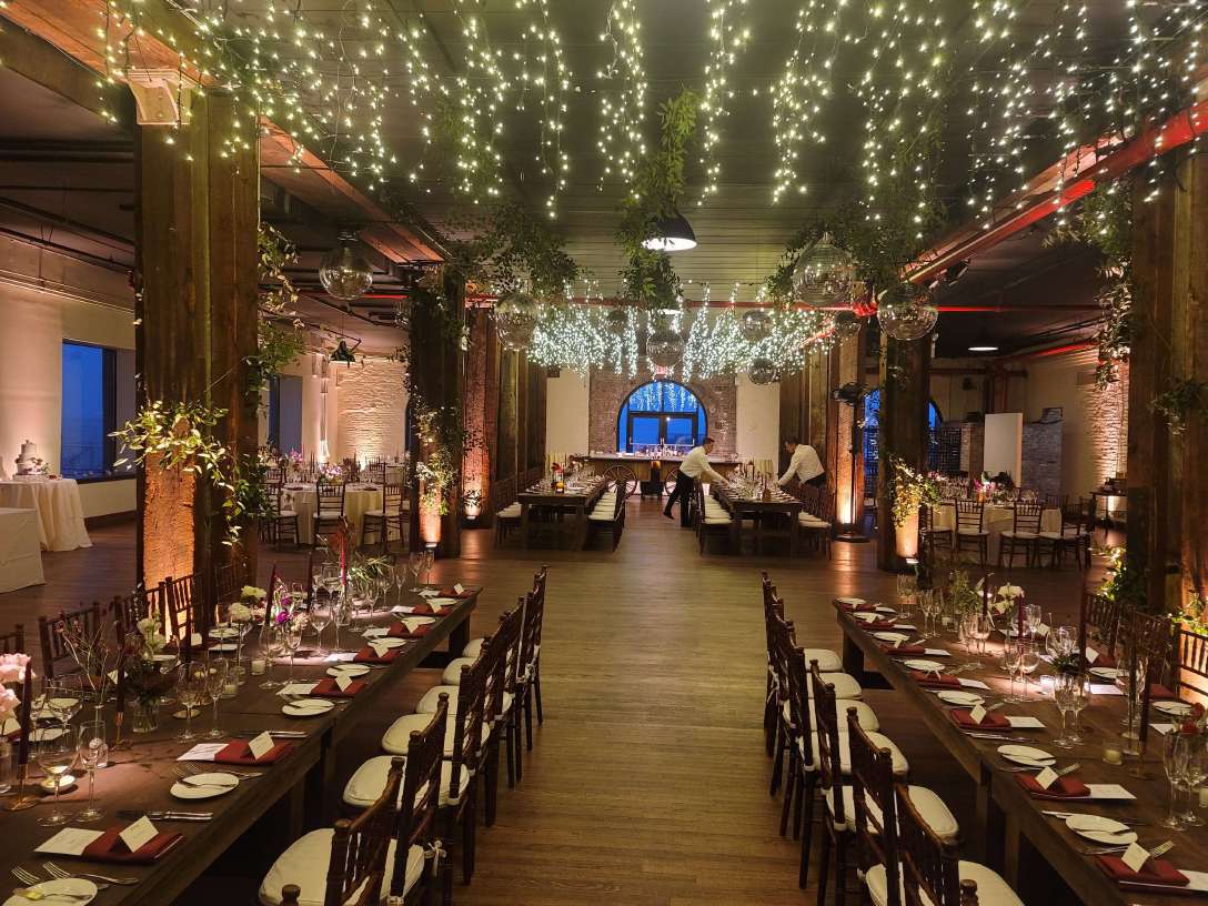 Icicle / Fairy Lights and mirror balls hanging in The Harbor Room for Jason and Jackson's wedding on the 1st Floor of The Liberty Warehouse.