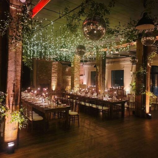 Icicle / Fairy Lights and mirror balls hanging in The Harbor Room for Jason and Jackson's wedding on the 1st Floor of The Liberty Warehouse.