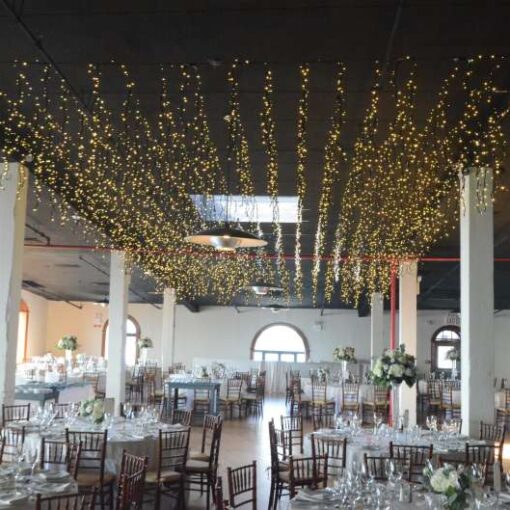 Icicle / Fairy Lights hanging in The Governor Room for a wedding on the 2nd Floor of The Liberty Warehouse.