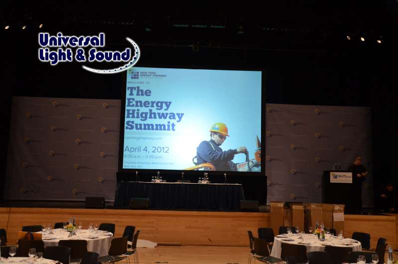 Step-and-Repeat banner stands supporting two 14ftx12ft banners at an Energy Highway Task Force summit at Columbia University's Lerner Hall.