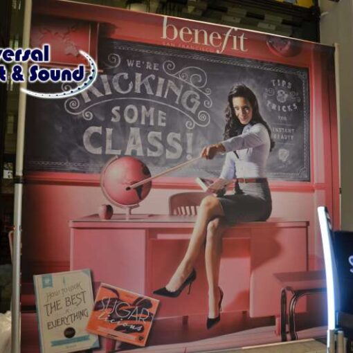 Multiple Step-and-Repeat stands set up for several banners for a Benefit Cosmetics event at Sephora's 5th Avenue store in NY.