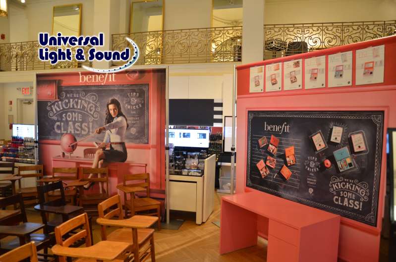 Multiple Step-and-Repeat stands set up for several banners for a Benefit Cosmetics event at Sephora's 5th Avenue store in NY.