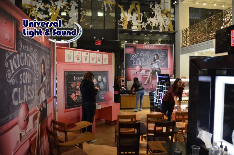 Multiple Step-and-Repeat stands set up for several banners for a Benefit Cosmetics event at Sephora's 5th Avenue store in NY.