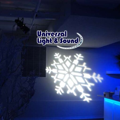 A set of snowflake gobo projections on the walls at The Beer Garden at Studio Square NYC. Also, blue Up-Lights were setup along the walls to create a Winter Wonderland for a Corporate Party Holiday Party.