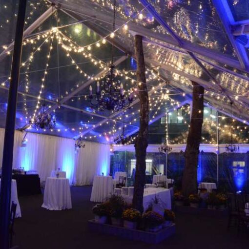 String Lights with round G50 bulbs hanging in a two circular/star shape patterns under the South Garden Tent at The Bryant Park Grill.