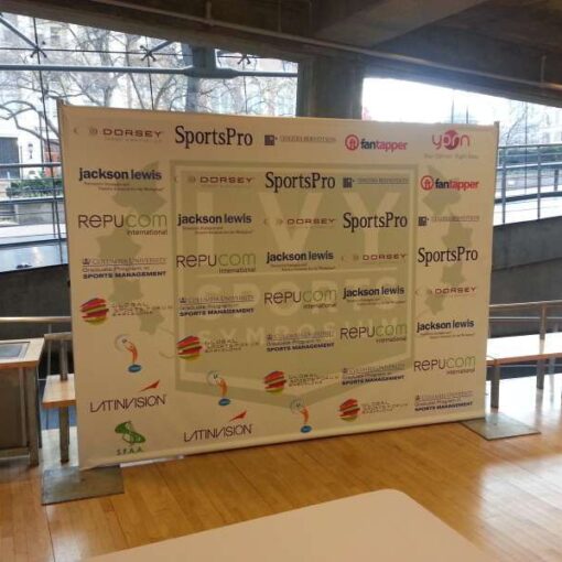 A 10ft x 8ft Step-and-Repeat Banner Stand for an Ivy Sports Symposium at the Alfred Lerner Hall at Columbia University.