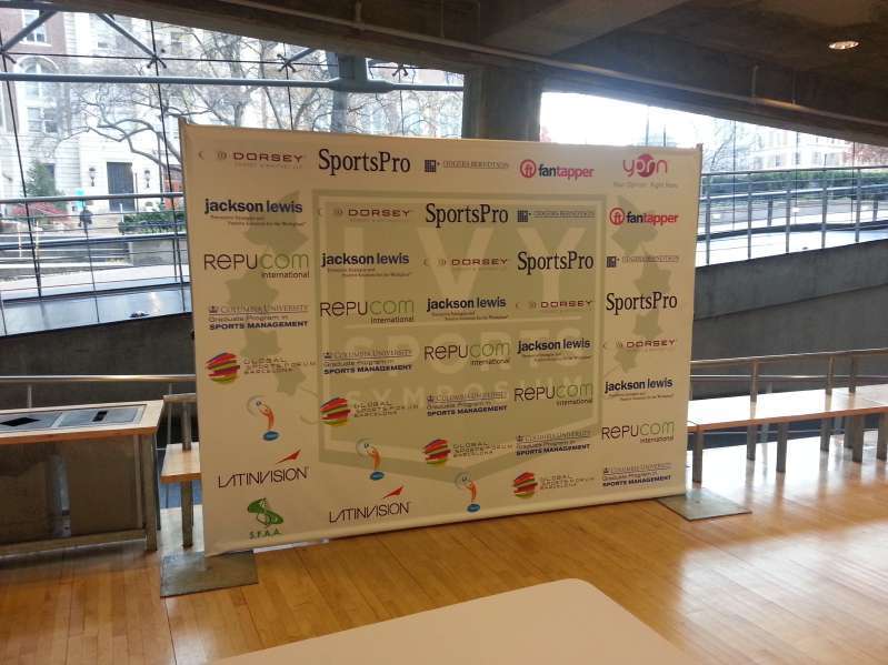 A 10ft x 8ft Step-and-Repeat Banner Stand for an Ivy Sports Symposium at the Alfred Lerner Hall at Columbia University.