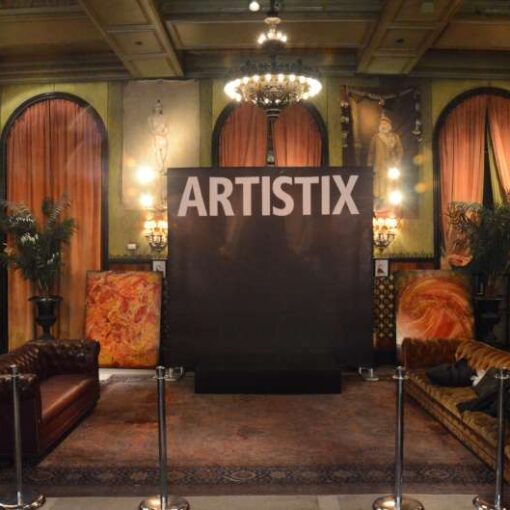 A Step-and-Repeat Stand for a New York Fashion Week event for Greg Polisseni and Andy Hilfiger collection by ARTISTIX