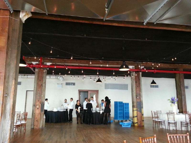String Lights hanging in Zigzagging pattern over the dance floor in The Harbor Room at the Liberty Warehouse.