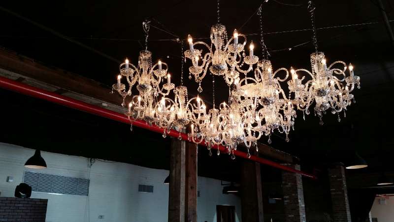 Chandeliers hanging over the dance floor at the Liberty Warehouse.