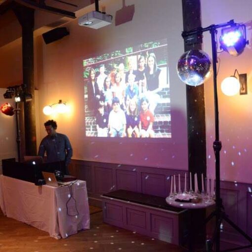 Party lights hanging from a lighting stand above the dance floor for a Bar-Mitzvah hosted in The Wythe Hotel.