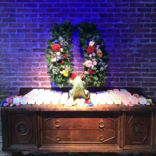 Lavender and Blue wall wash setup for a wedding reception on the 4th floor of The Metropolitan Building.