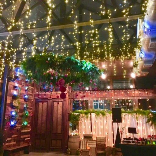 Icicle/Fairy lights hanging in an Atrium at The Brooklyn Winery under skylight.  Also, vertical String Lights hanging as a backdrop against windows.  In addition, mini-LED Up-Lights inside each flower pot on the main wall.