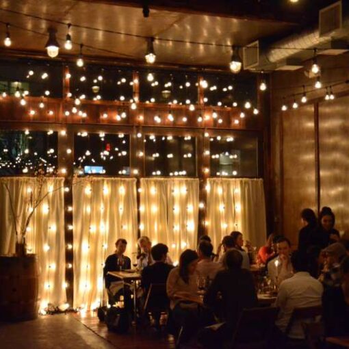 String Lights hanging Vertically as a back drop against the windows that are behind the ceremony area. Also, String Lights with S14 bulbs hanging overhead in The Atrium at The Brooklyn Winery. 