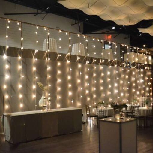 Vertical String Lights hanging against a wall for a wedding at Current at Pier 59 inside Chelsea Piers in NYC.