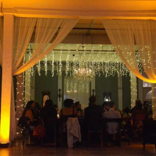 Universal Light and Sound setup Icicle Lights for a wedding reception on the second floor of The Metropolitan Building.