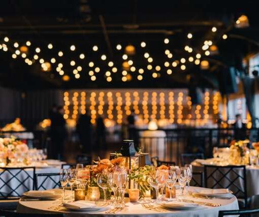 String Lights hanging over the dance floor in a zigzag pattern for a wedding at The Lighthouse at Chelsea Piers.