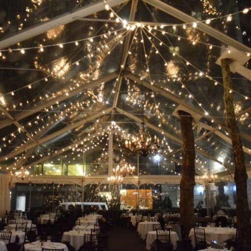 String Lights with round G50 bulbs hanging under a clear top tent in The South Garden for a wedding reception at The Bryant Park Grill.