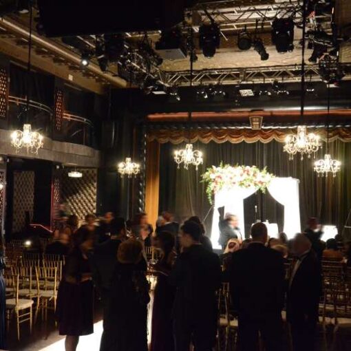 Five Venetian Chrystal Chandeliers hanging above the main floor for a wedding reception at The Edison Ballroom in NYC.