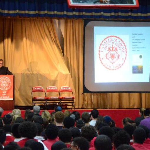 Universal Light and Sound setup our AV equipment for Father Patrick Desbois visit to La Salle Academy in New York City.